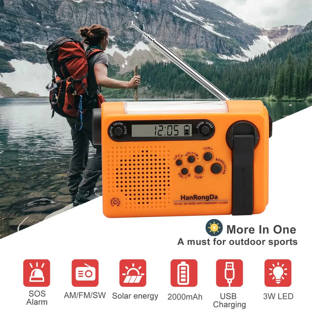 Weather Emergency Radio AM/FM/SW Portable Solar Hand Crank Radio 3 in 1 2000mAh Power Bank Phone Charger Flashlight for Camping