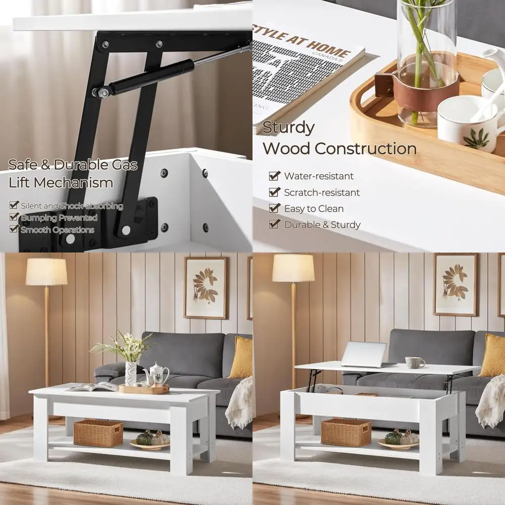 

White Lift-Top Coffee Table with Hidden Storage, 47.5in Long, Suitable for Living and Reception Rooms