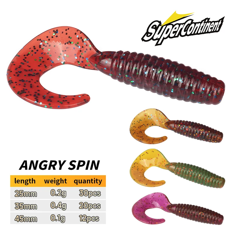 Supercontinent nuevo cebo suave enojado spin 25mm 35mm 45mm Señuelos de pesca plástico silicona gusano Moggot Grub señuelo hundimiento señuelos