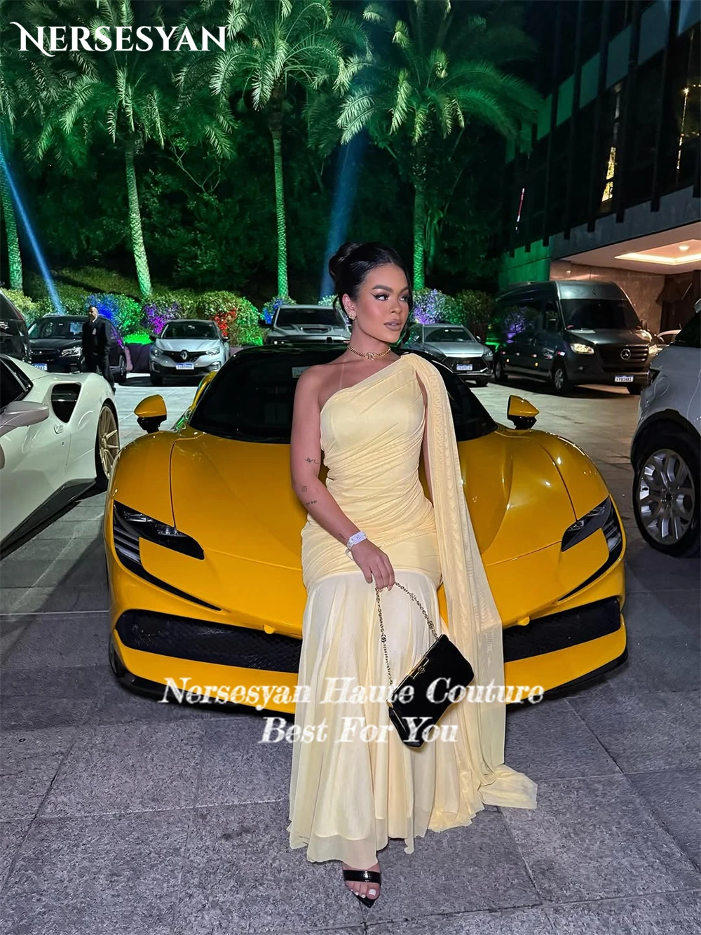 Nersesyan – robe de soirée de forme sirène, asymétrique épaule dénudée, manches Cape, plissée, élastique, robes de bal, personnalisées, 2025