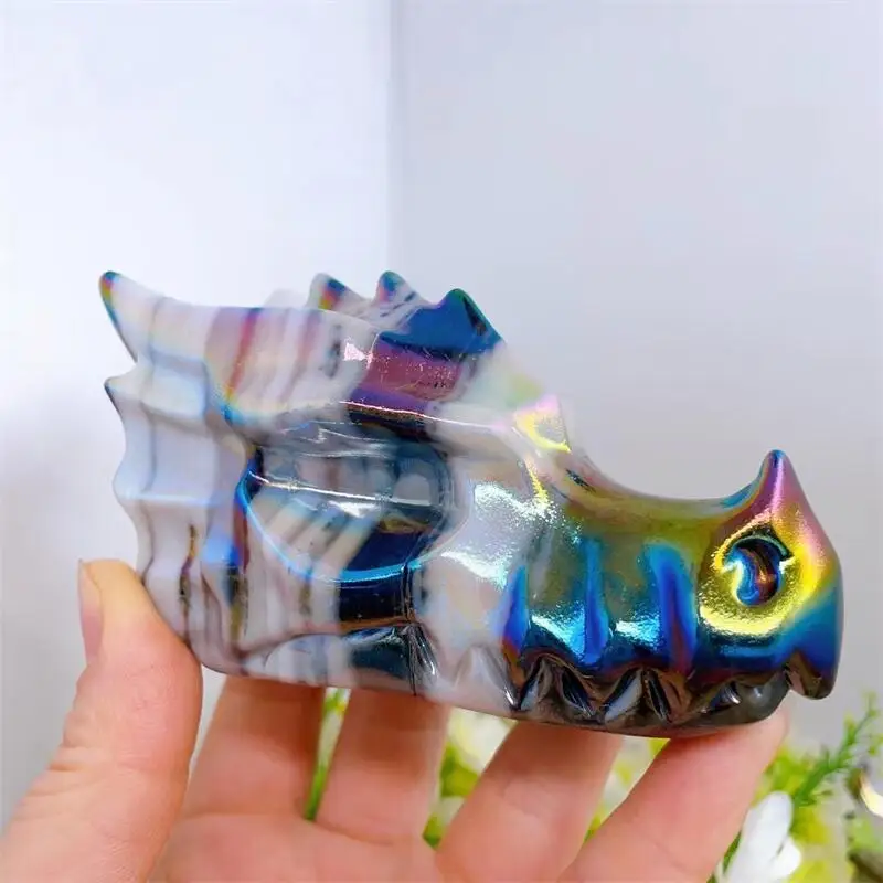 10.8CM Natural Quartz Taichi Stone Dragon Skull Carving Head Animal Statue Faucet For Room Decoration Holiday Gifts 1pcs