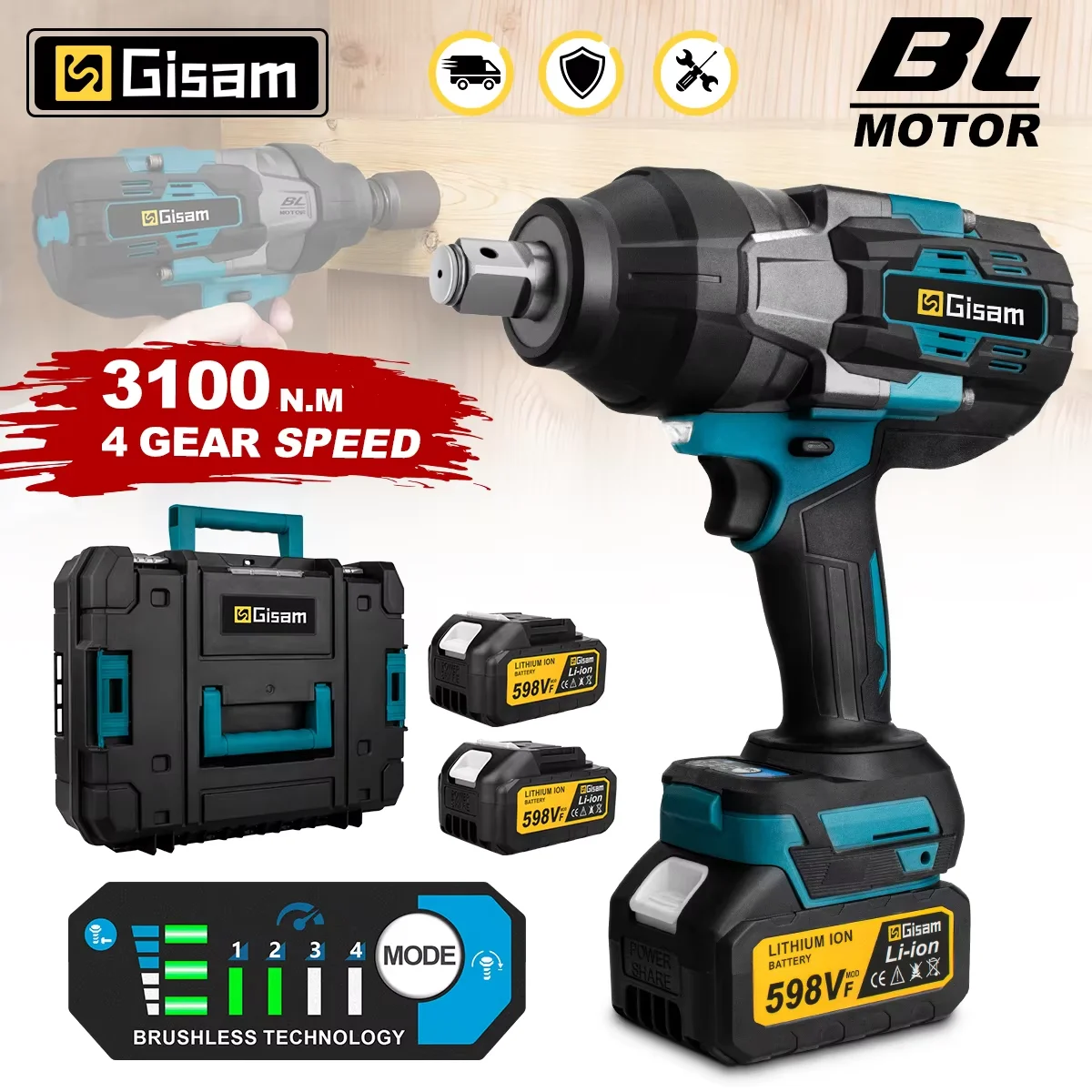 Gisam 3/4 Brushless Electric Impact Wrench 18V