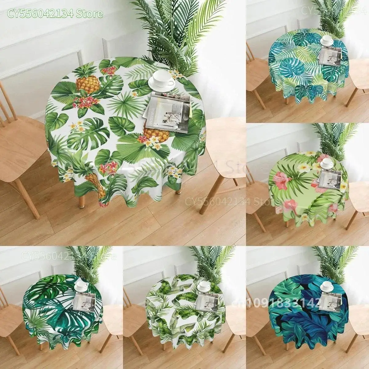 

Tropical Palm Leaves and Flower Round Tablecloth Resistant Water-Proof Circular Table Cover Decorative for Kitchen Dining Picnic