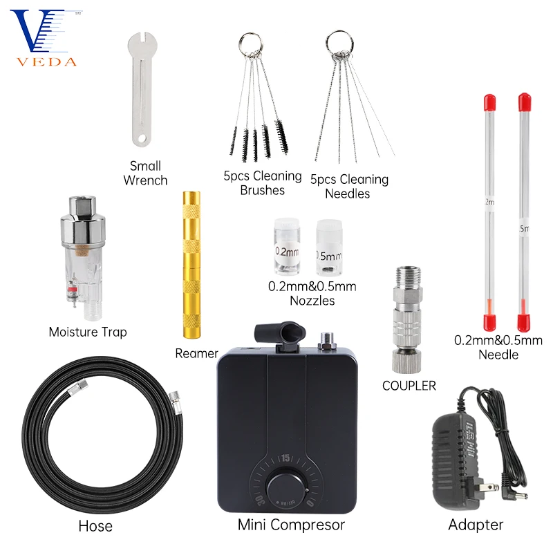 Imagem -02 - Conjunto Portátil de Compressor Aerógrafo Dupla Ação Bicos Agulhas Limpeza para Maquiagem Unhas Modelo de Pintura 02 05 mm