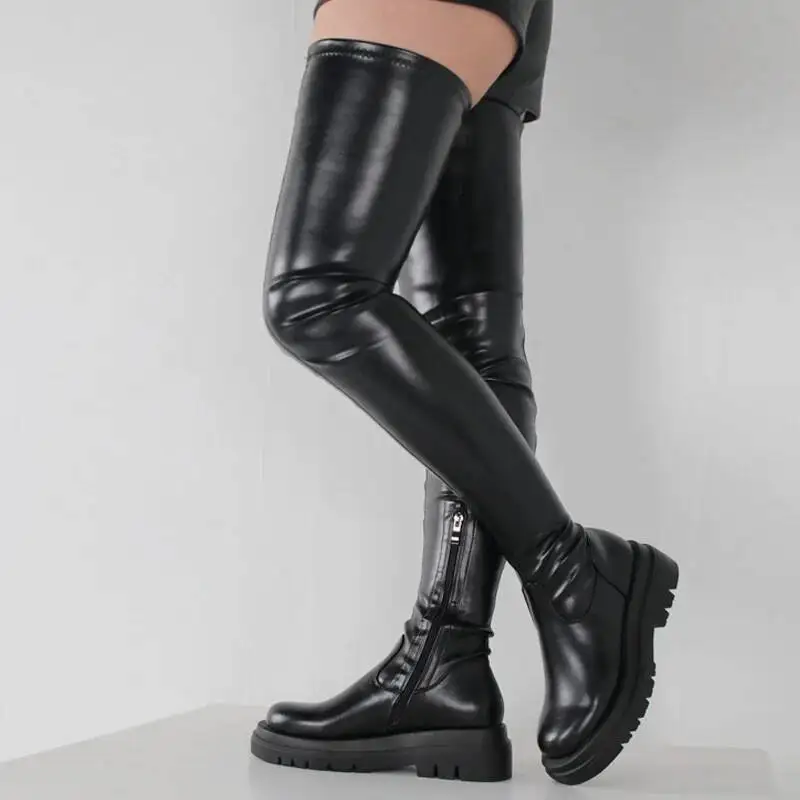 Low Heels Comfortable Platform Women\'s Over The Knee Boots Black Thick Sole Long Boots With Side Zip