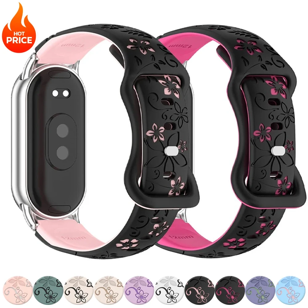 New Silicone Flower 3D Engraved Strap for Xiaomi Band 9 NFC Smart Watch Breathable Watchband for Xiaomi Band 8 NFC Bracelet