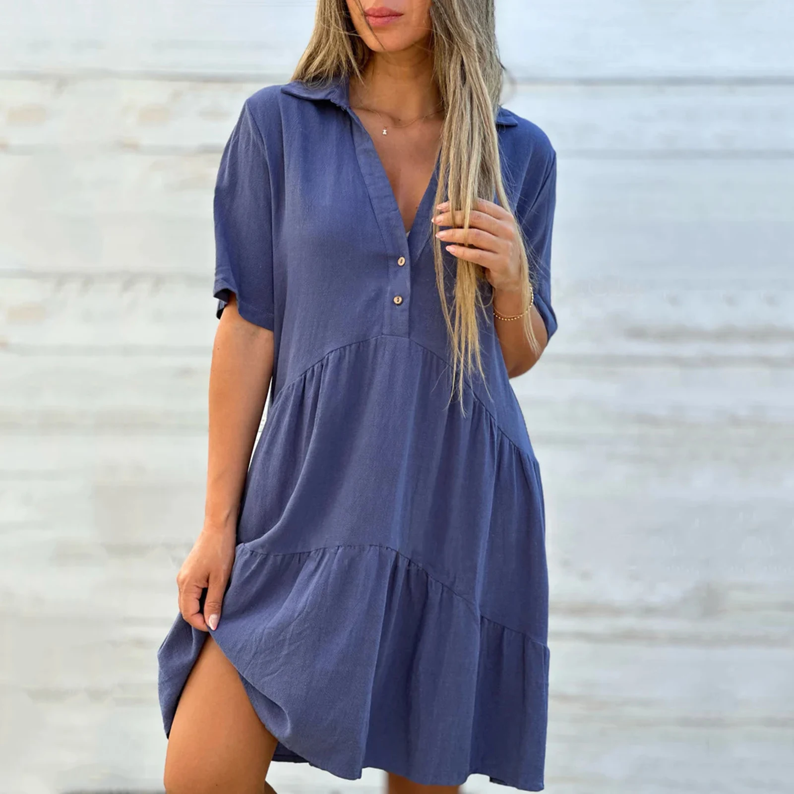 

Fashion Short Sleeve White Cotton Linen Dress Women 2024 Summer Loose Casual Buttons Comfortable Dresses For Women Robe Femme