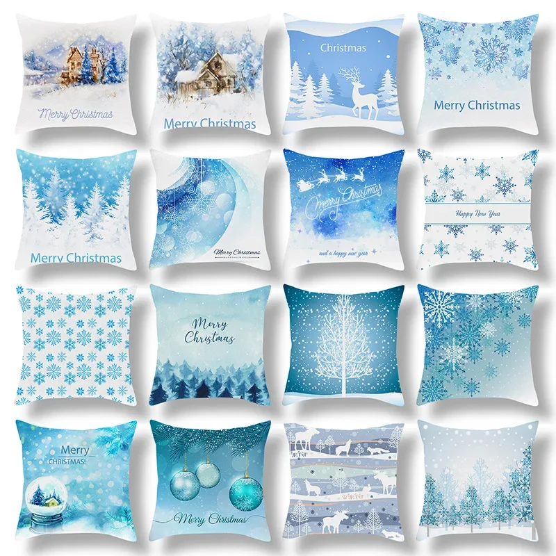 

Merry Christmas Decoration Home Bedroom Living Room Cushion Cover Blue Ornament Pillowcase New Year Gift