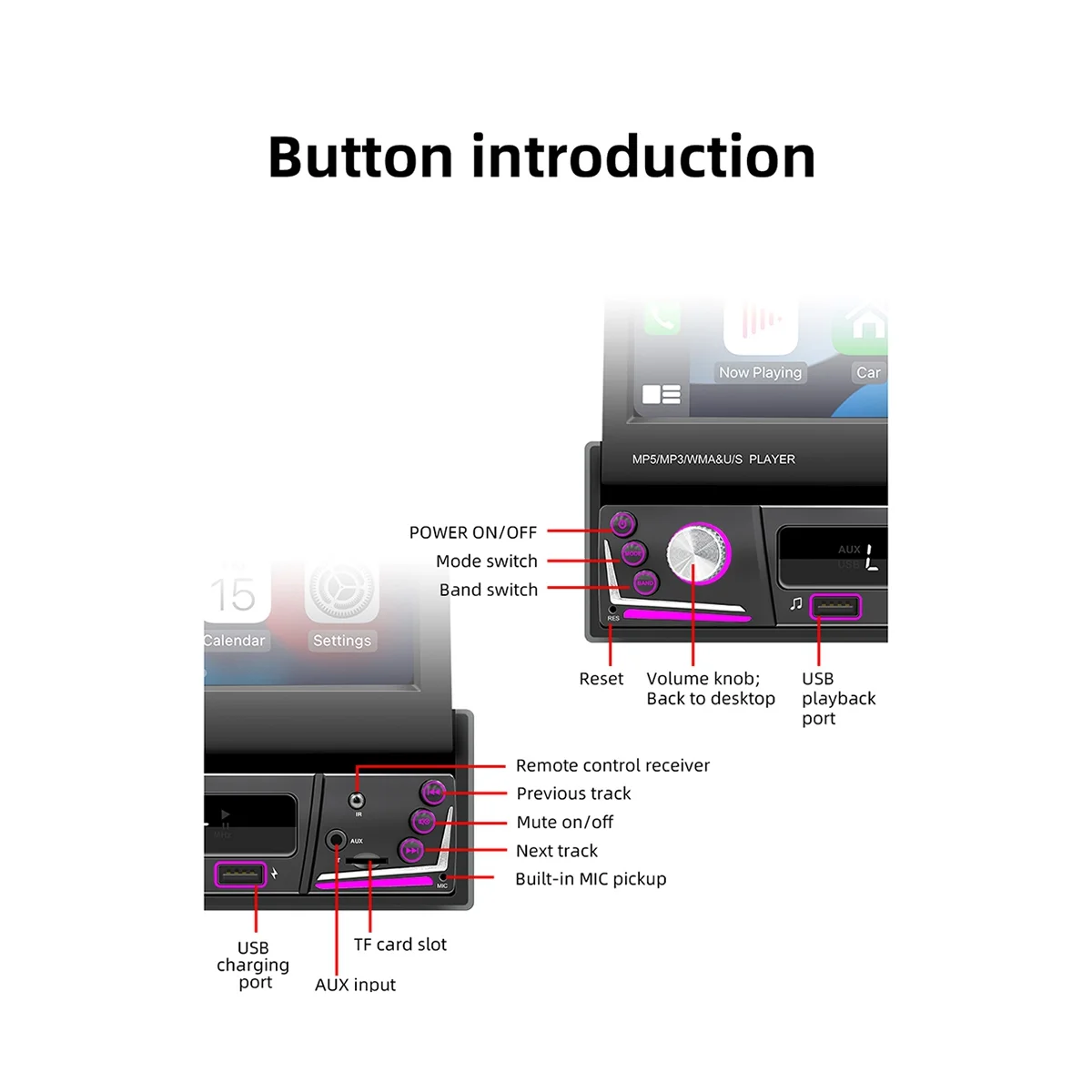 7Inch Car Manual Telescopic Screen Wired MP5 FM Receiver Host