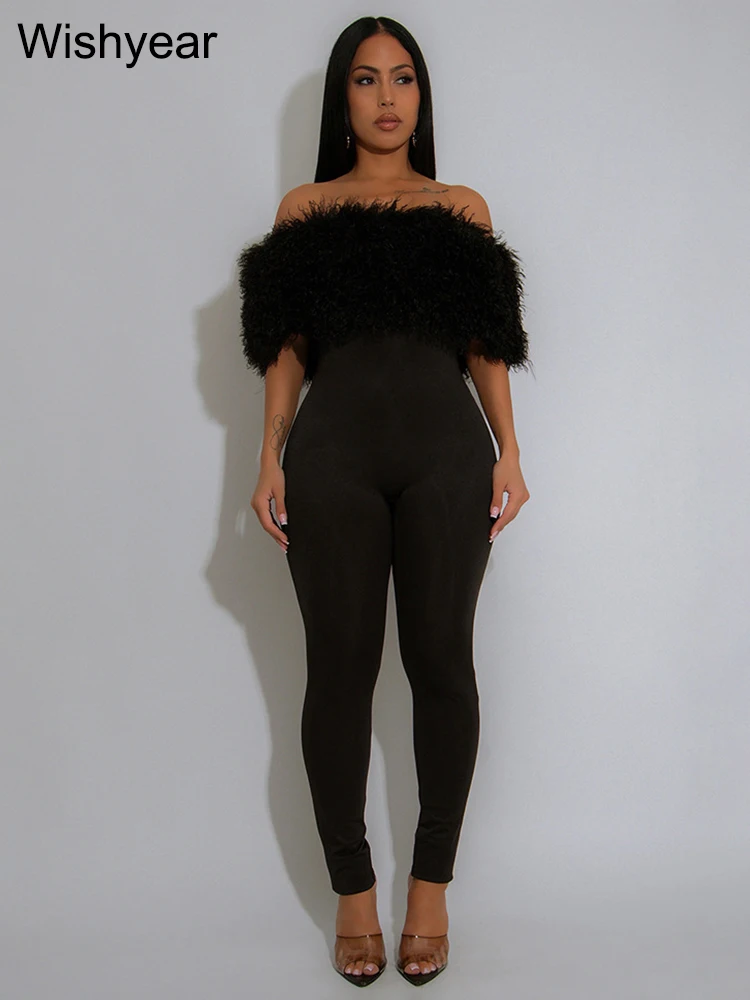 New Off-Shoulder Women's Feather Slash Neck Strapless Black Skinny Jumpsuit for Autumn Evening Night Birthday Parties Rompers