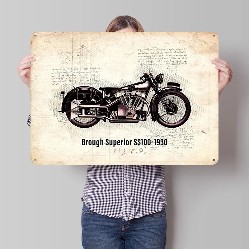 Brough Superior SS100 1930 Personalized 3D Textured Metal Poster Wall Art Vintage Tin Signs for Home Decor Ornaments Man Cave