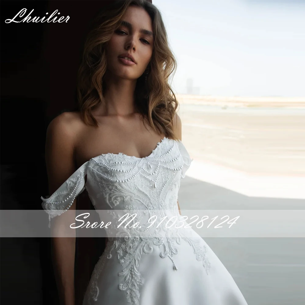 Lhuilier Abiti da sposa in raso personalizzati con linea A e spalle scoperte Abiti da sposa con perline e strascico