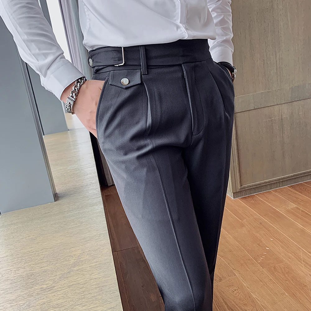 Luxury Men Pant Business Four Season Belt Buttoned Calf Hombre Casual Straight Trouser Pant For Man Pantalon De Vestir