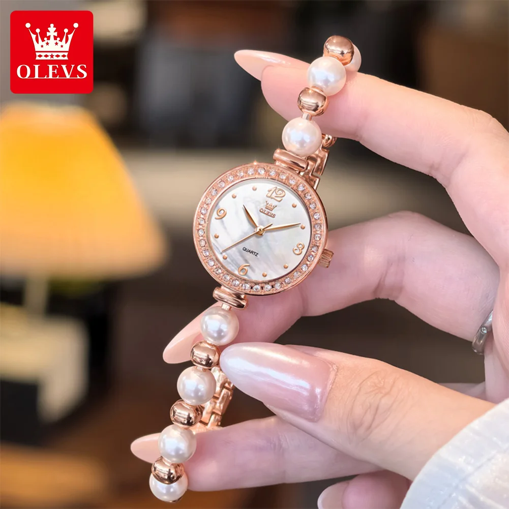 OLEVS Luxury High Quality Women Watch Waterproof Rose Gold Rhinestone Case Pearl Bracelet Watches