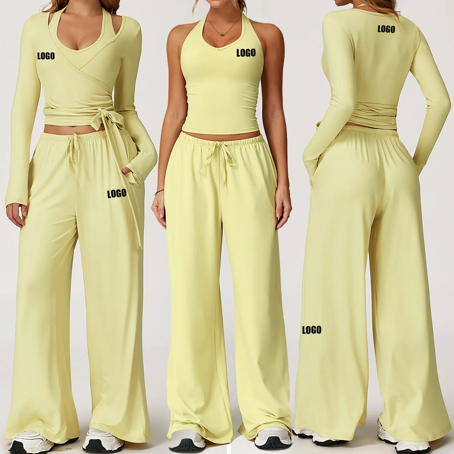 Custom LOGO women's yoga quick-drying beauty back sling casual wide-leg pants running fitness suit strap jacket three-piece set