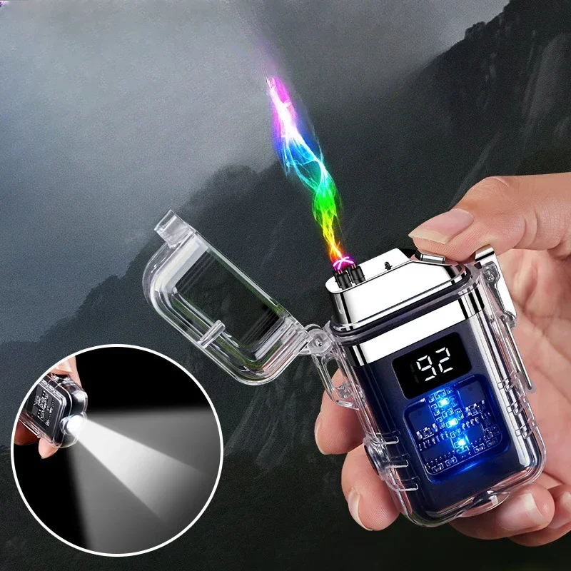 Waterproof And Windproof USB Rechargeable Dual Arc Plasma Pulse Lighter Flameless Battery Display Electric Lighter High-End Gift