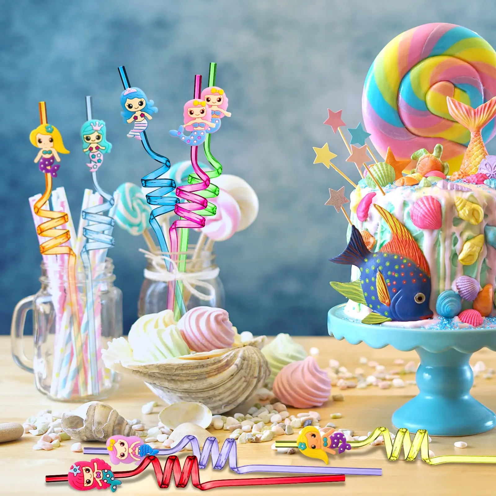 8pcs Mermaid Plastic Straw Reusable Drinking Straw Mermaid Party Supplies Under the Sea Theme Birthday Party Decoration