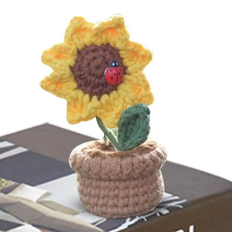 Car Pendants Smiling Sunflower Crochet Single Head Dashboard Decoration Ornaments For Offices Desk Bedroom Study Home And Auto