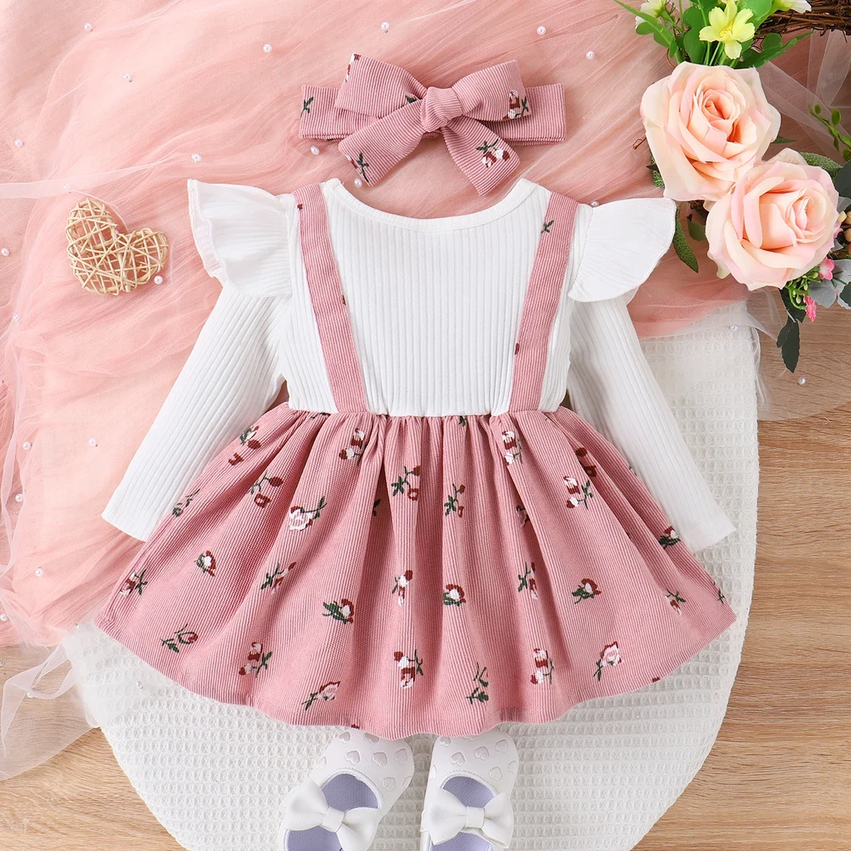 PatPat 2pcs Baby Girl Floral Print Combo Dress with Headband Set Casual/Outdoor  Elegant Hyper-Tactile / 3D Sweet