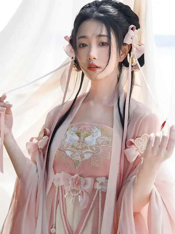 Hanfu gaun Cosplay tradisional Cina wanita, kostum Dinasti Tang kuno Hanfu gaun dansa panggung musim panas merah muda 8 potong