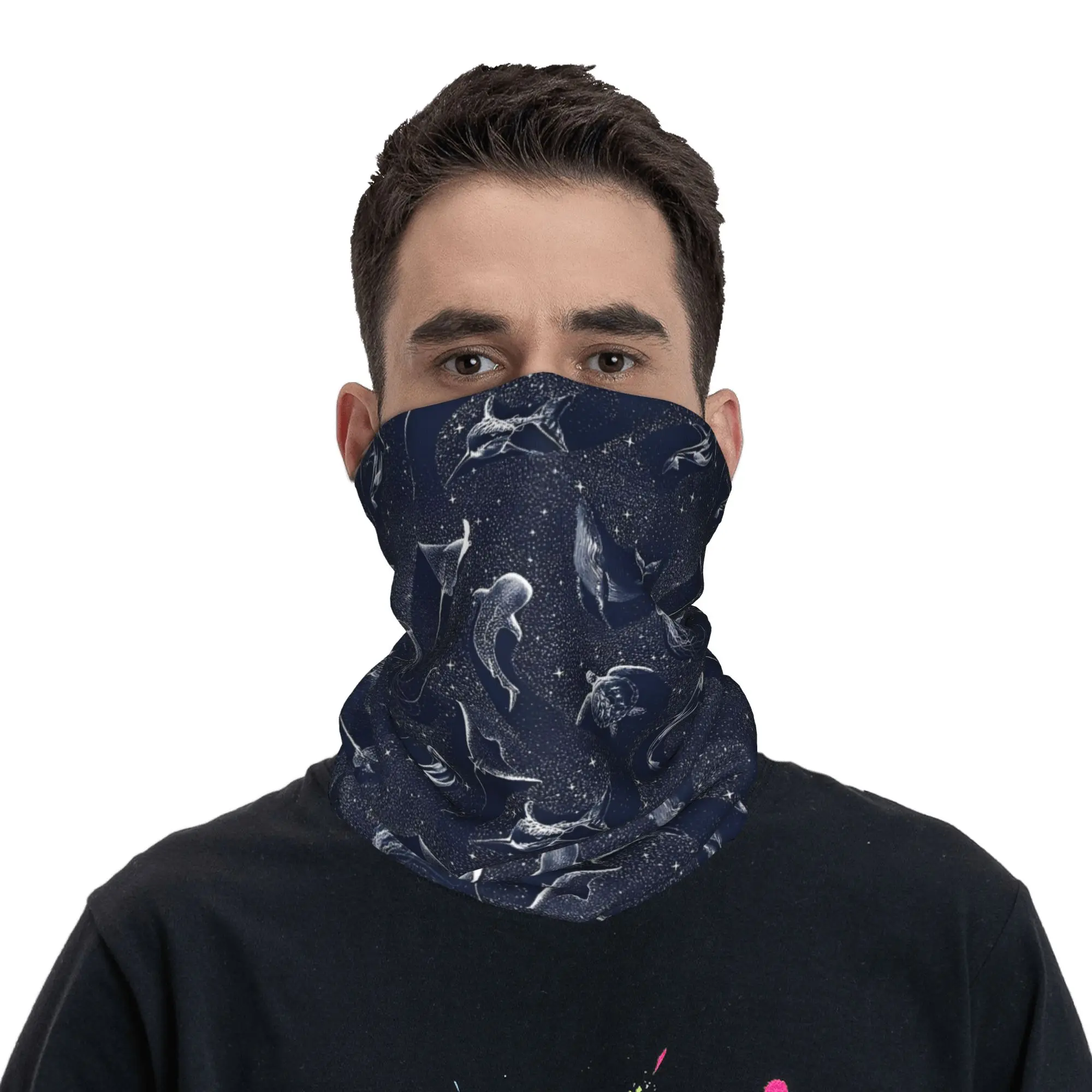 Cosmic Ocean Pattern  Bandana Neck Gaiter Starry Whale Sharks Wrap Scarf Multi-use Headband Running Unisex Adult Windproof