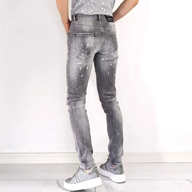 Y2K new jeans, nostalgic stretch slim fit, painted retro light gray jeans, high street designer, hip-hop brand, retro pa