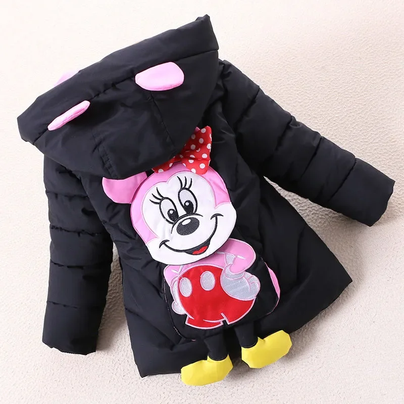 Mickey Mouse Minnie Winter Jackets Coat Baby Girl Hooded Warm Cotton-Padded Jacket Toddler Kid Clothes Thicken Cartoon Outerwear