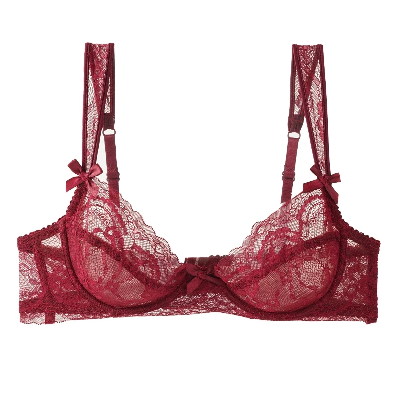 Ultradünne Spitze-Blumen-BHs für Damen, sexy, transparente Unterwäsche, französischer romantischer Push-Up-Büstenhalter, Schleifenbesatz, weibliche, atmungsaktive BHs