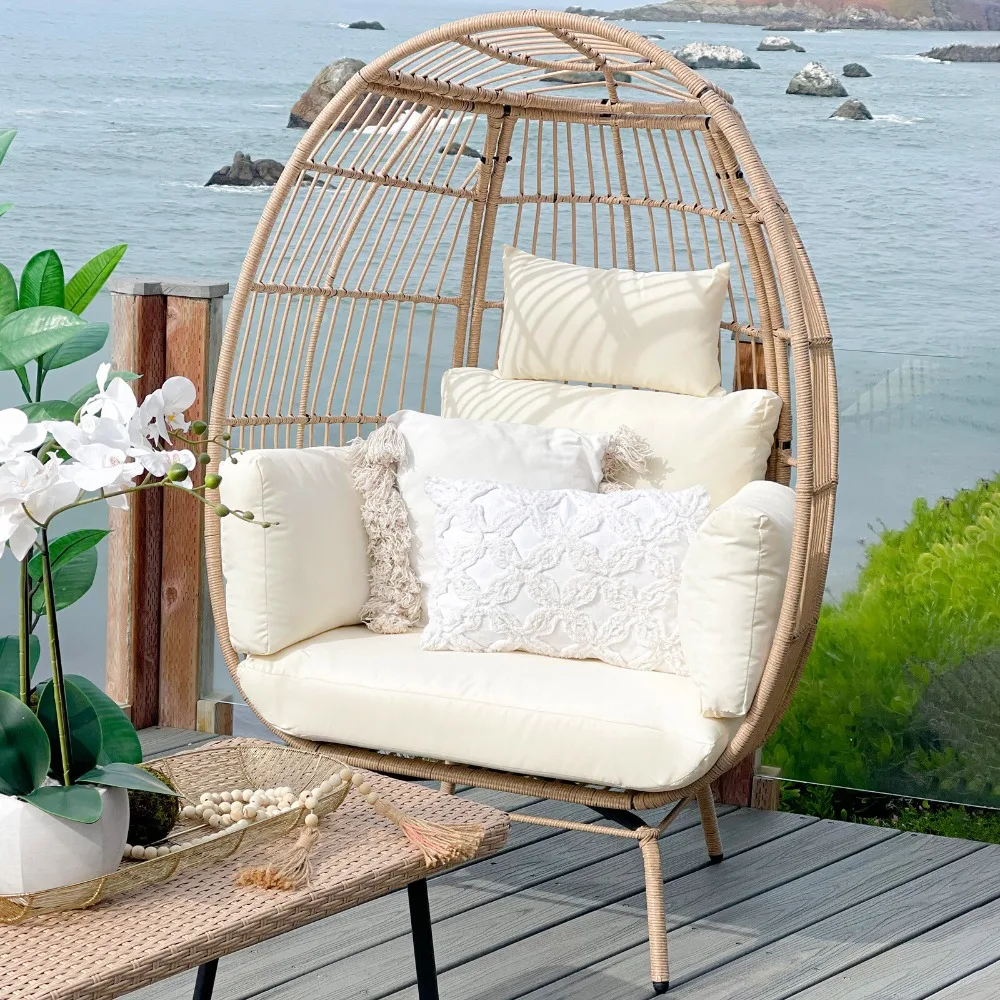 

Outdoor Patio Wicker Oversized Lounger Egg Chair w/ Stand Soft Cushions Balcony