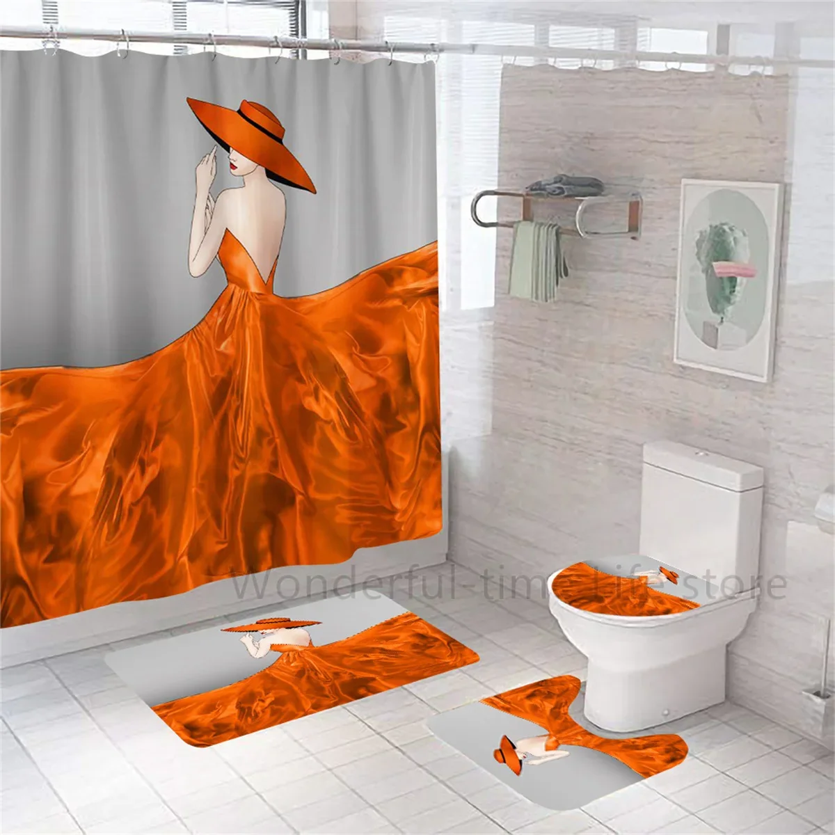 African Black Woman Print Shower Curtain Set Non-Slip Bath Mat Rugs Luxury American Girl Polyester Machine Wash Bathroom Decor
