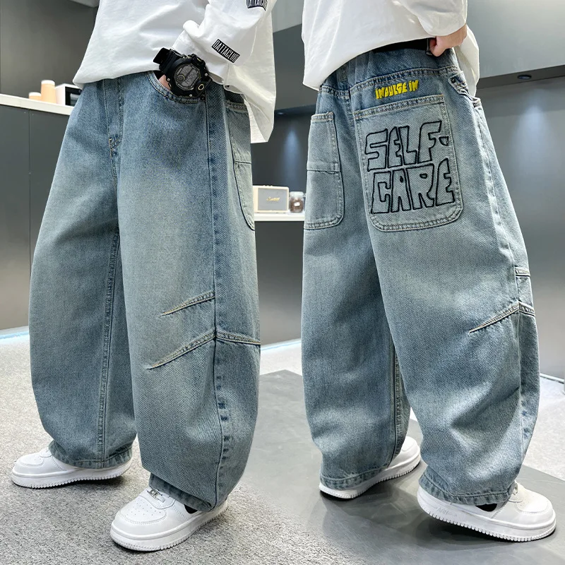 2026 Spring Autumn New Boys Denim Pants Childen Trendy Brand Cool Edgy Straight Loose Wide Leg Jeans Trousers for Teens Kids