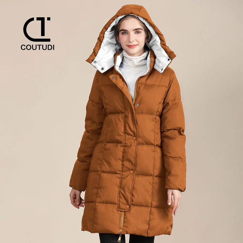 COUTUDI-Long Down Hooded Parkas for Women, Casual Coat, Warm Jackets, Color Matching, Fashion Outwear, Winter Clothing, 2024