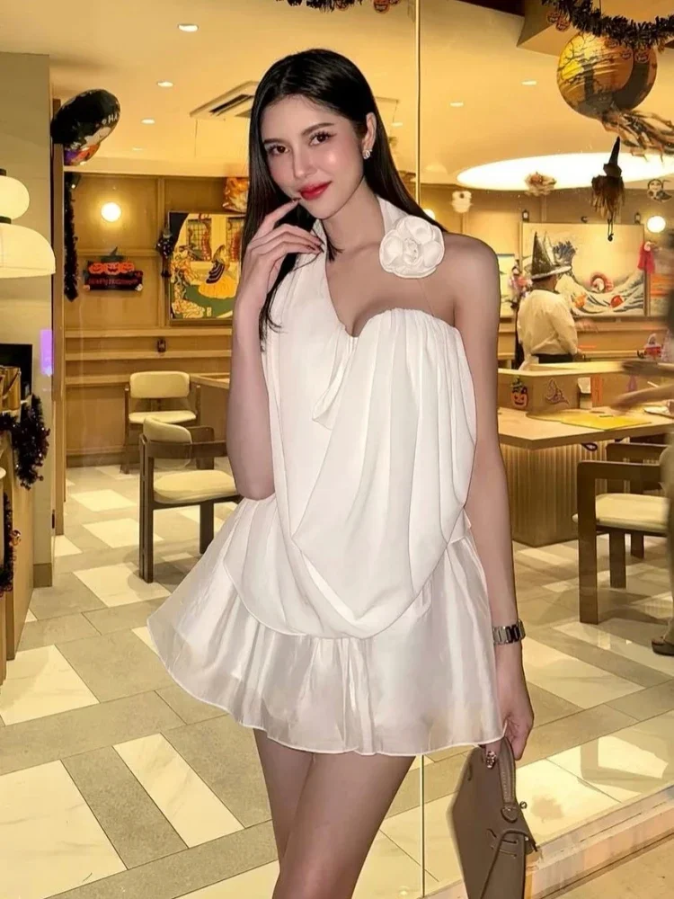 2025 Women White Skirt Two Piece Set Sexy Flower Halter Neck Top + A-line Mini Dresses Suits Evening Party Cocktail Clubwear
