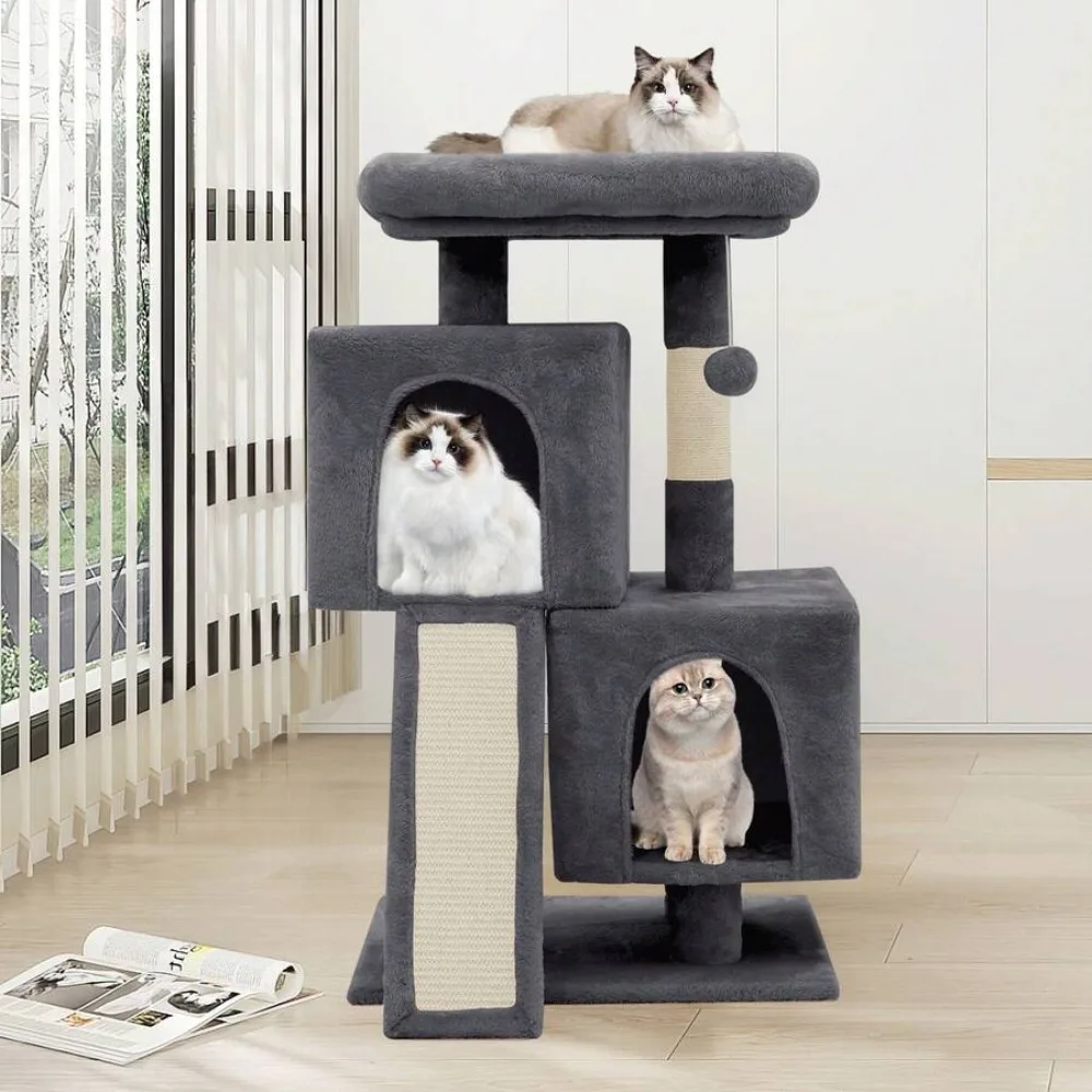 34 Inch Cat Tree Tower With 2 Cat Condo,With Scratching Post & Sisal-Covered Scratching Board, Cat Climbing Tower