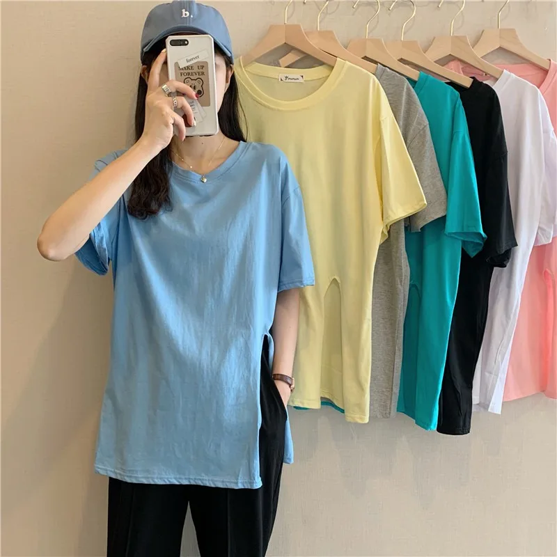 Girls Fashion Split Hem T Shirts for Women Clothes Ladies Casual Clothing Female Crop Top Broken Code Clearance Fy5463-