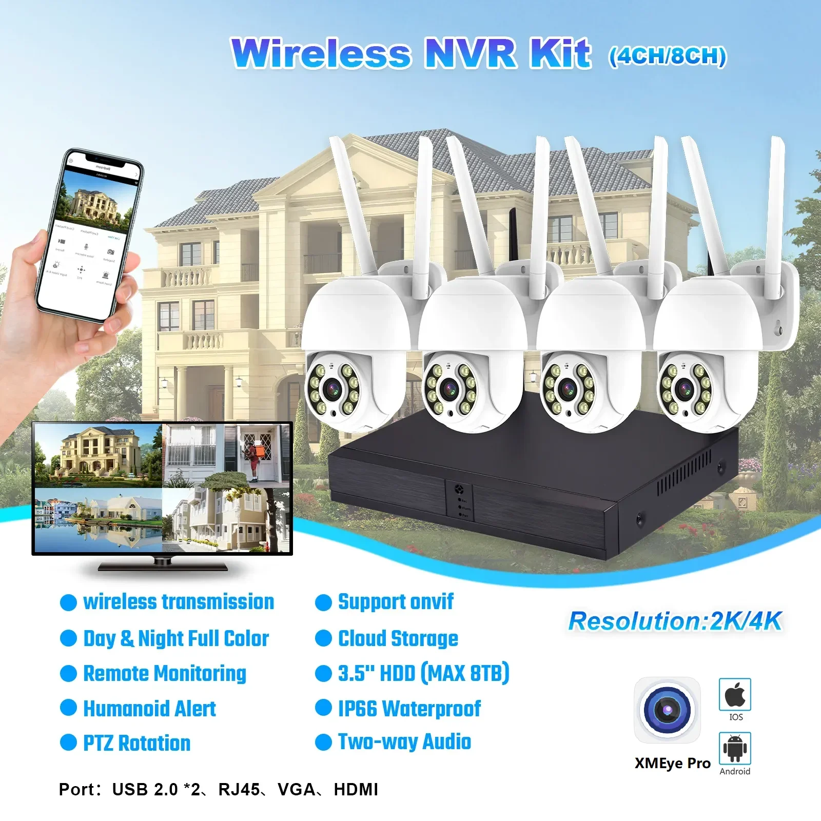 3MP XMEYE 4CH ไร้สาย PTZ ระบบกล้องวงจรปิด NVR Kit กล้องวงจรปิด WiFi กล้องเฝ้าระวัง