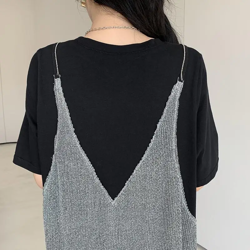 Dimanaf 2023 プラスサイズ Tシャツ夏の女性の綿ルーズビーチカジュアル女性メッシュ V ネックツーピース黒 A ラインドレス