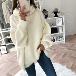 2024 Women Sweater Oversized Turtleneck Pile Collar Autumn Winter Long Sweater Loose Pullover Stretchy Knitwear suéteres свитер