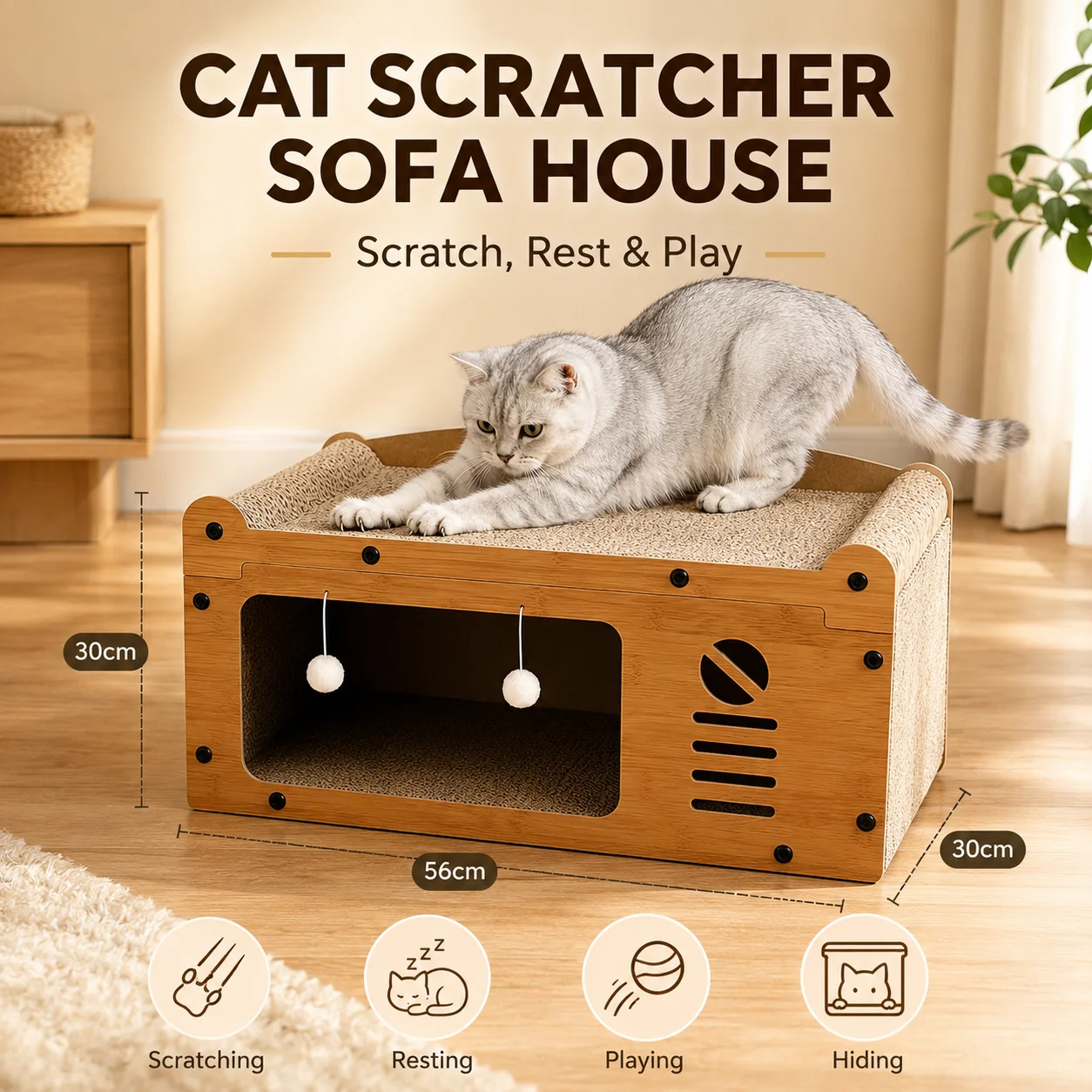 Rascador para Gatos de 56 cm, Sofá Cama para Gatos, Mueble de Madera para Gatos con Rascador, Caja de Descanso y Escondite para Gatos de Interior