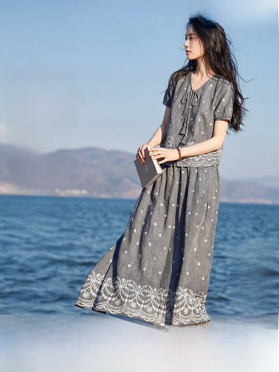 

XWI Grey Rayon Halter Neck Dress And Skirt Set Women's Summer Beach Vacation Fashion Outfit Elegant Style Short Sleeve