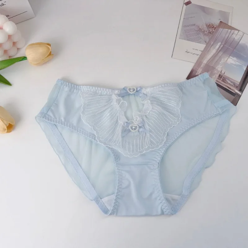 Sweet Lolita Style Women Lace Panties Delicate Ruffled Sheer Mesh Briefs Heart Pearl Bow Low Waist Breathable Ladies Underwear