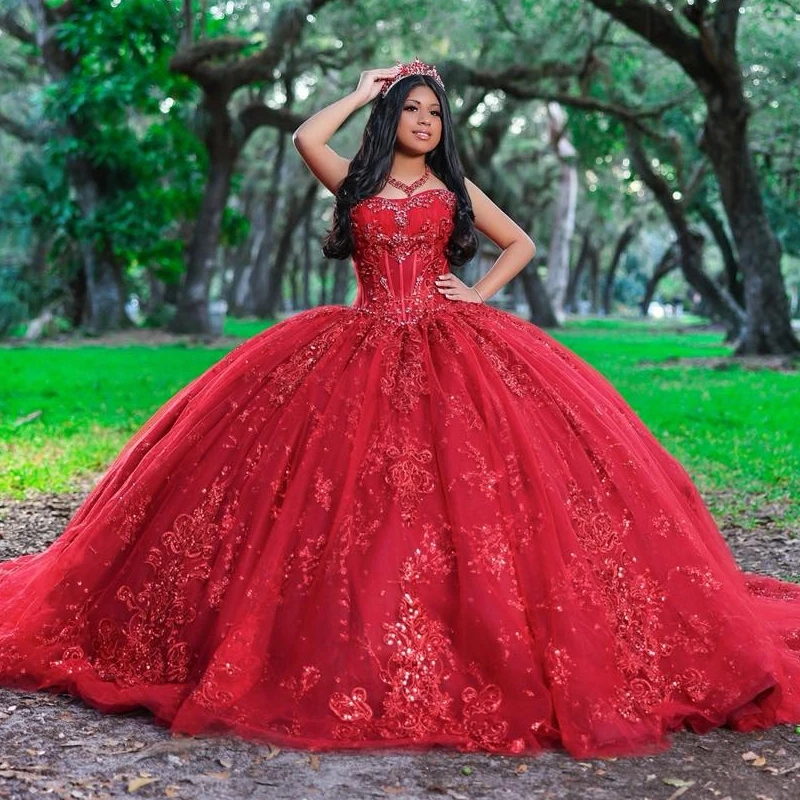 

Red Shiny Ball Gown Quinceanera Dresses Sequin Applique Lace Beading Crystal Tull Corset Off Shoulder Sweet 16 Dress vestidos 15