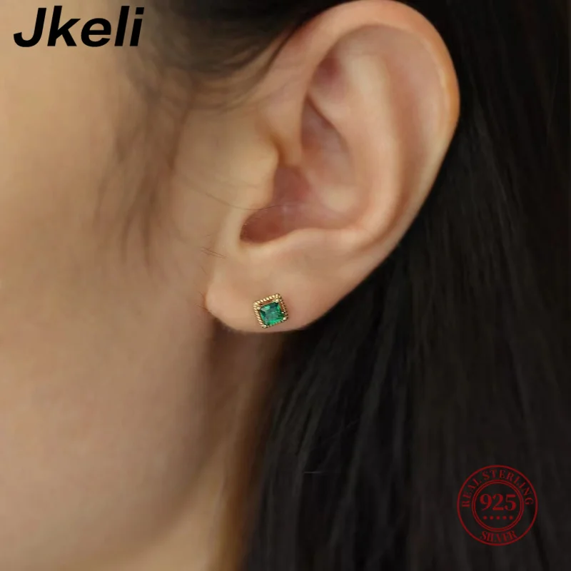 Jkeli 925 Sterling Silver Emerald Square Zircon Stud Earrings for Women Vintage Geometric Fine Jewelry Minimalist Accessories