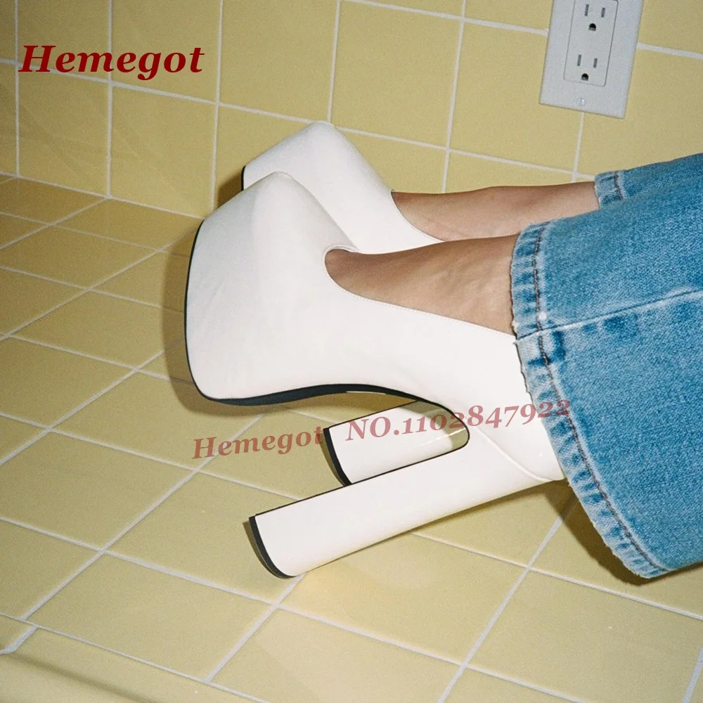 White Patent Round Toe Platform Pumps Chunky Block High Heel Slip-On Backless Pumps for Women Shallow Slip On Elegant Shoes