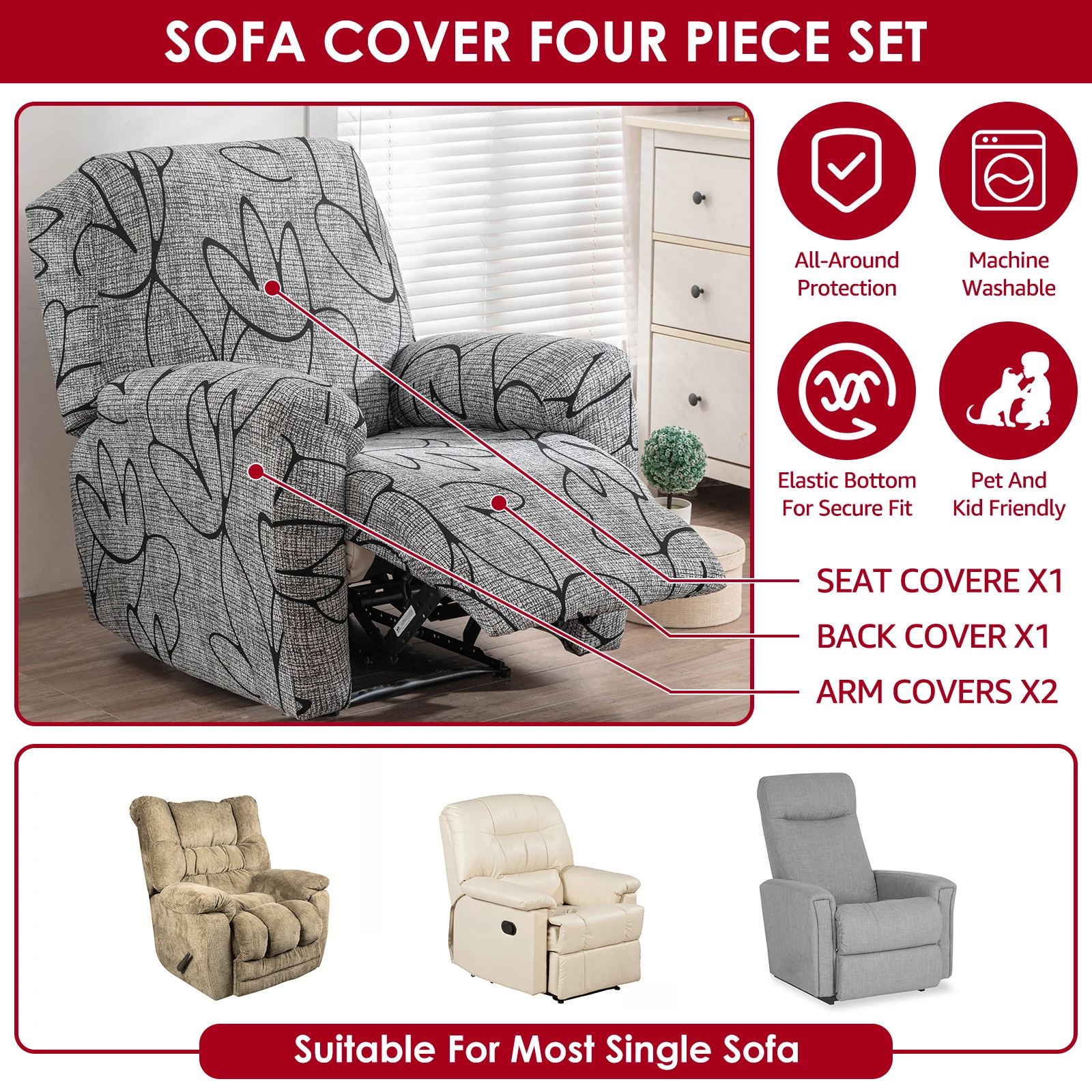 Elastic Recliner Chair Cover Non Slip Lazyboy Covers Full Coverage Anti Scratch Printed Sofa Cover Furniture Protector for Home