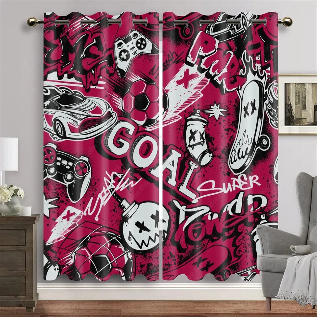 Cartoon Gamepad Switch Curtains for Boys Bedroom Graffiti Words Video Games Window Drapes Game Players Living Room Decoration