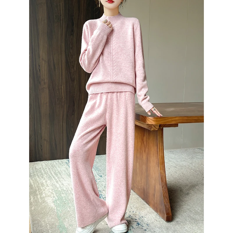 Women's 100% Merino Wool Two-piece Suit Mock Collar Pullover Sweater Straight Pants Set Autumn Winter Loose Comfortable Knitwear
