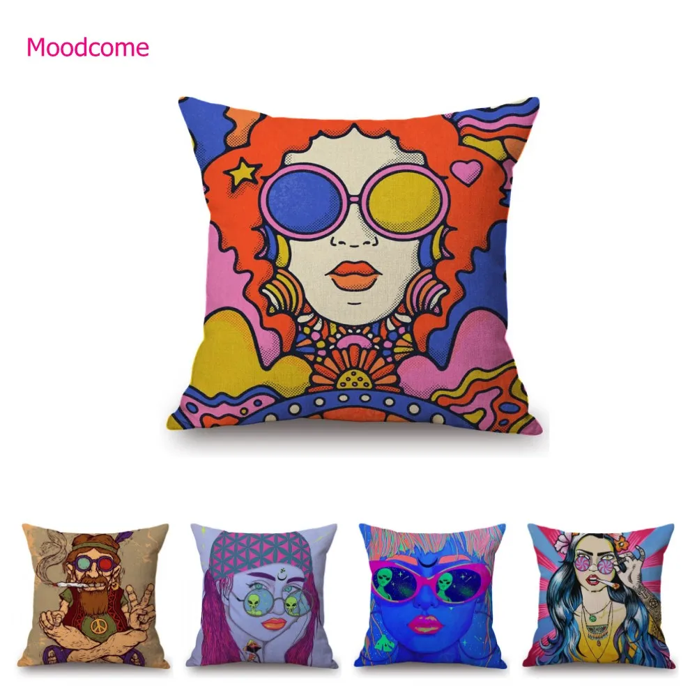 Cartoon POP Art Hippie Modern Art Sun Girl Fashion Sofa Throw Pillow Case Cotton Linen Bench Cushion Cover Case