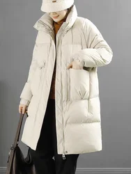 Winter Coat Female 2024 New  White Duck Down Warm Long Down Coats Fashion Loose Leisure Thickened Stand-up Collar Puffer Jacket