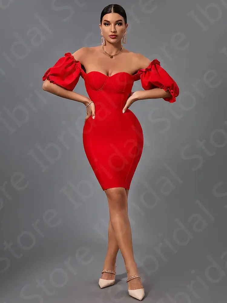 New Modern Homecoming Dresses Short Red Cocktail Party Dresses 2024 Off Shoulder Sleeve Wedding Guest Gowns Knee Length Back Out